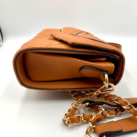 Chic brown/tan top handle trendy quilted shoulder crossbody bag gold-tone chain - Picture 6 of 13